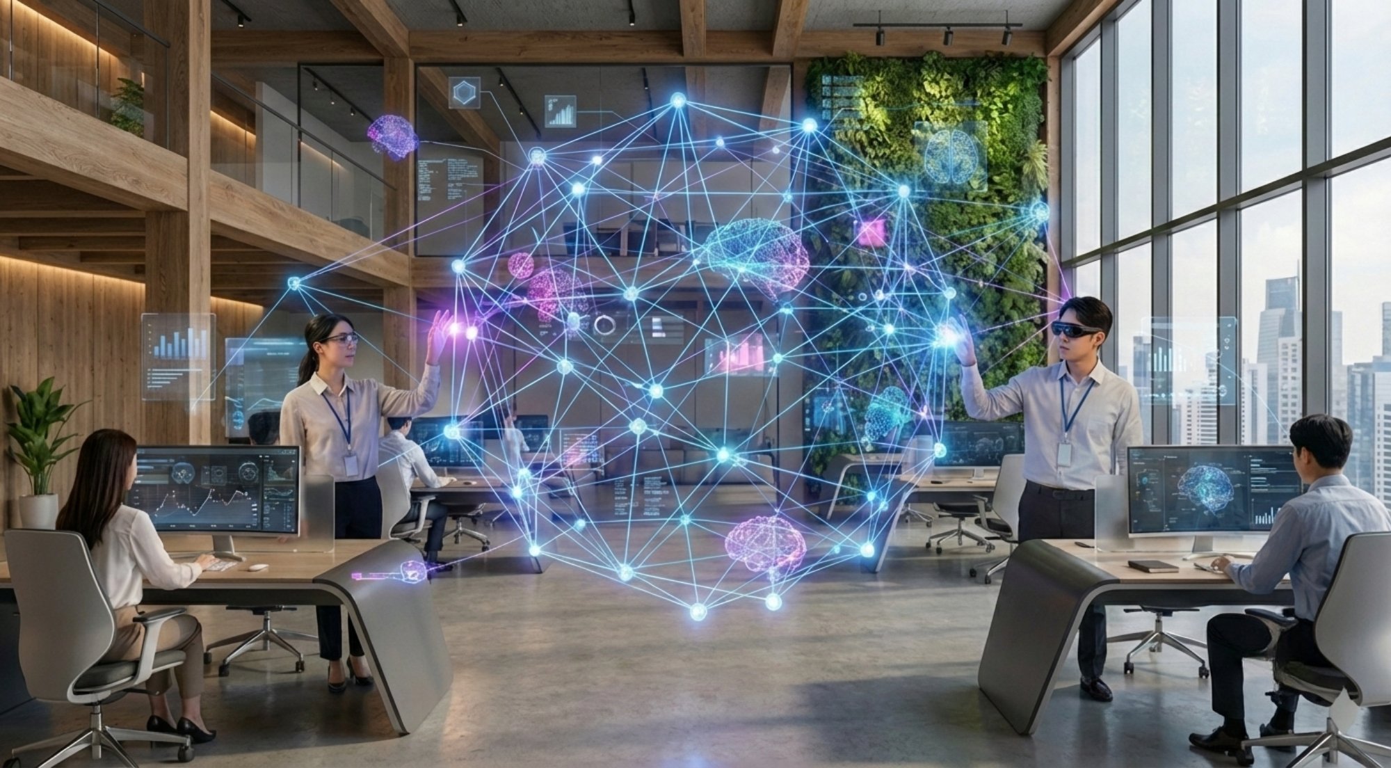 A futuristic office where human workers are collaborating with AI agents through an OGI network